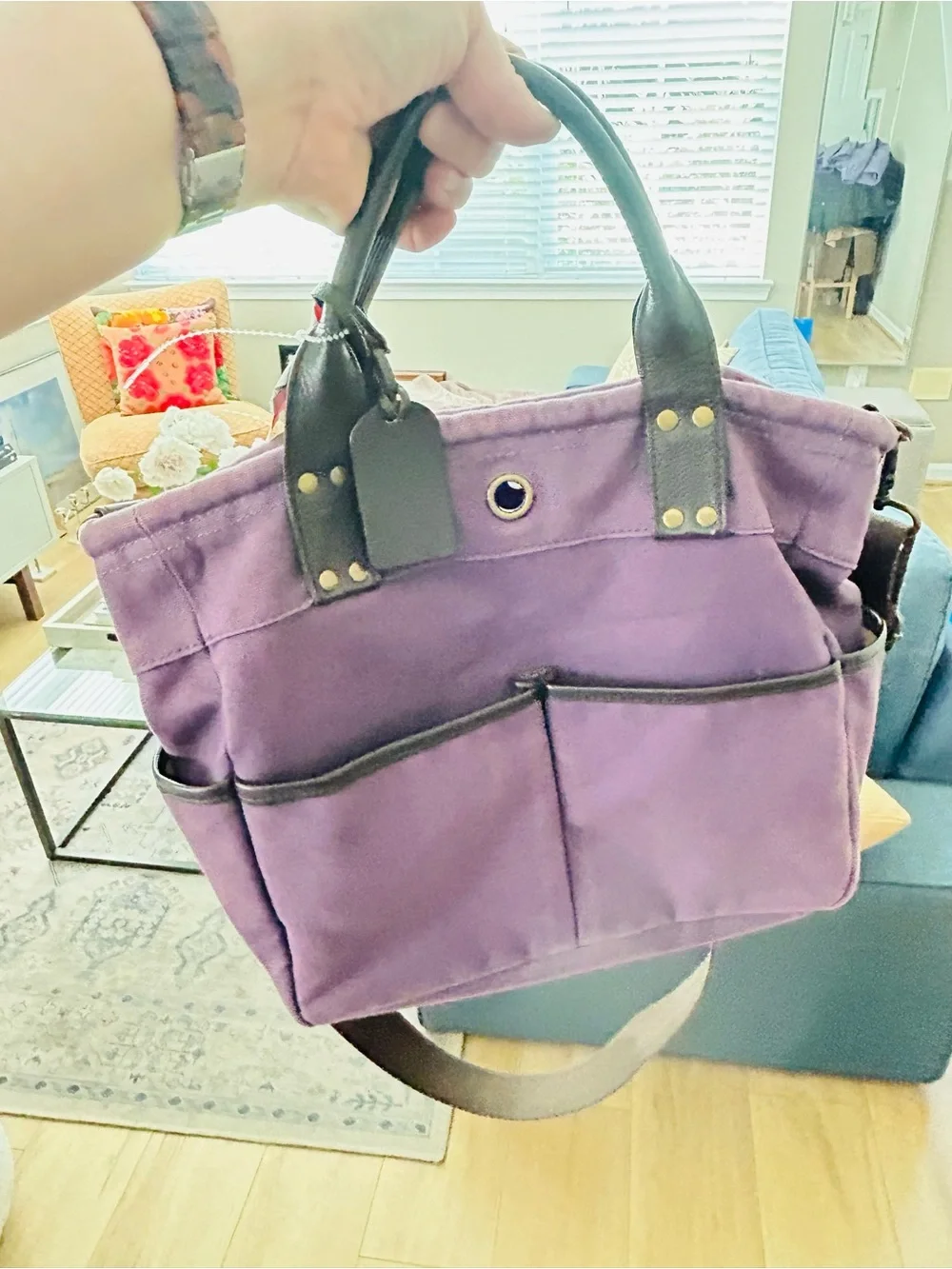 Levenger Purple Canvas Tote with Dark Brown Leather Trim